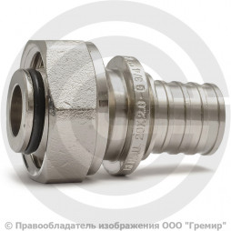 Соединитель аксиальный латунный никелированный для PE-X труб Дн 20-3/4" под евроконус с накидной гайкой RAUTITAN Rehau