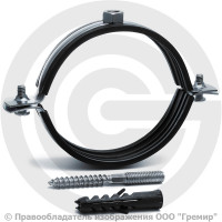 Хомут крепежный оцинкованный с резиновой прокладкой Ду-80 (Дн 87-92) (3") М8 в/к винт-шуруп, дюбель Strongman Хомут крепежный оцинкованный с резиновой прокладкой Ду-80 (Дн 87-92) (3") М8 в/к винт-шуруп, дюбель Strongman