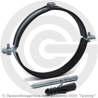 Хомут крепежный оцинкованный с резиновой прокладкой Ду-150 (Дн 159-166) (6") М10 в/к винт-шуруп дюбель Strongman