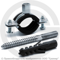 Хомут крепежный оцинкованный с резиновой прокладкой Ду-20 (Дн 26-30) (3/4") М8 в/к винт-шуруп, дюбель Strongman Хомут крепежный оцинкованный с резиновой прокладкой Ду-20 (Дн 26-30) (3/4") М8 в/к винт-шуруп, дюбель Strongman