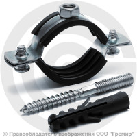 Хомут крепежный оцинкованный с резиновой прокладкой Ду-40 (Дн 47-51) (1 1/2") М8 в/к винт-шуруп дюбель Strongman Хомут крепежный оцинкованный с резиновой прокладкой Ду-40 (Дн 47-51) (1 1/2") М8 в/к винт-шуруп дюбель Strongman