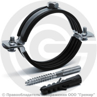 Хомут крепежный оцинкованный с резиновой прокладкой Ду-65 (Дн 75-80) (2 1/2") М8 в/к винт-шуруп дюбель Strongman