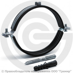 Хомут крепежный оцинкованный с резиновой прокладкой Ду-100 (Дн 110-114) (4") М8 в/к винт-шуруп, дюбель Strongman